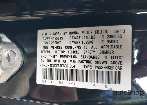 2014 Acura Tsx 2.4 from USA, damaged, VIN JH4CU2F60EC001064